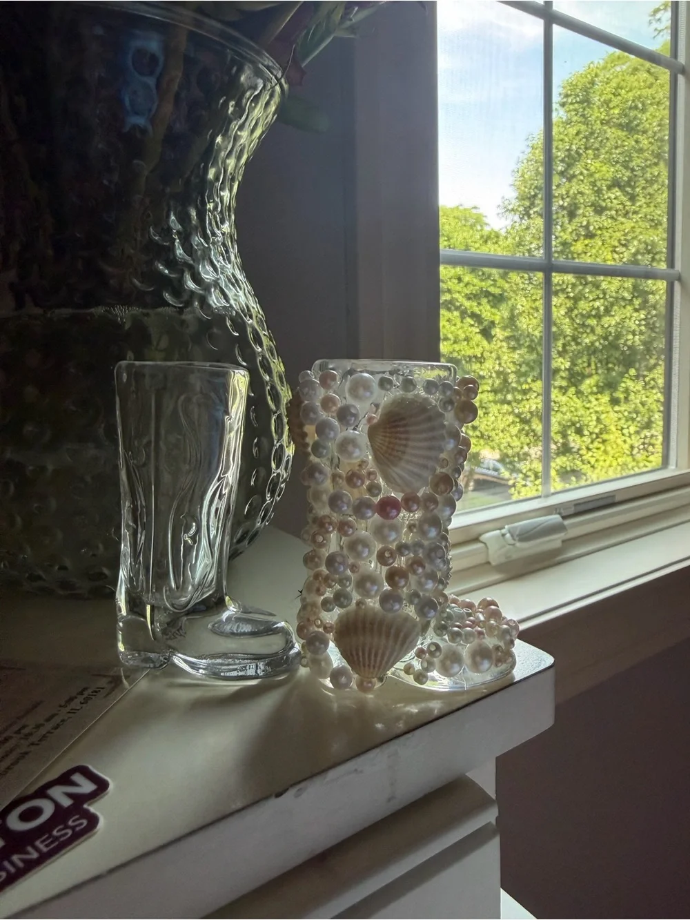 Pearlescent Shell Beaded Glass Shot Glass - Pink/White